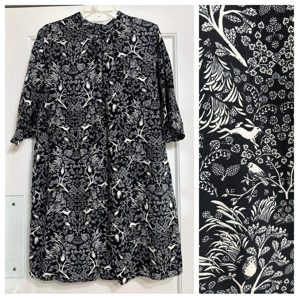Old Navy Woodland Animals Print Dress, Black and White Floral, Modest, Large